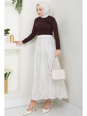 Fiyonk Detay Beli Lastikli Ekru Etek