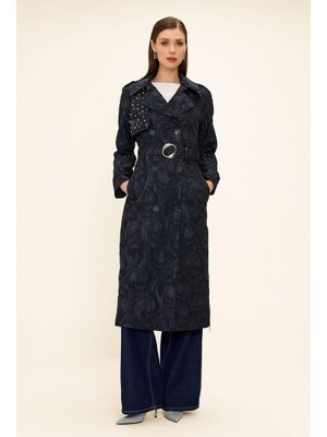 Lacivert Yanları Fermuarlı Pelerini Taş Detaylı Astarlı Simli Jakar Trençkot