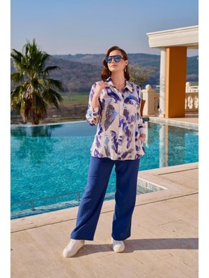 İndigo Büyük Beden Kadın Empirme Baskılı Şifon Taş Ve Cep Detaylı Gömlek