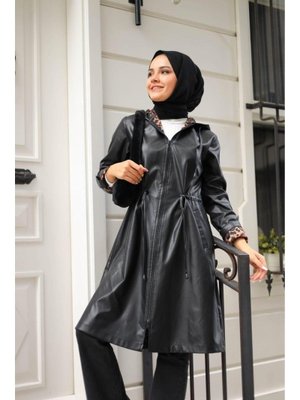 Kapüşonlu Deri Kısa Trençkot