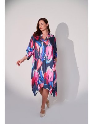 Lacivert Büyük Beden Empirme Baskılı Ve Yaka Dikim Taş Detaylı Elbise