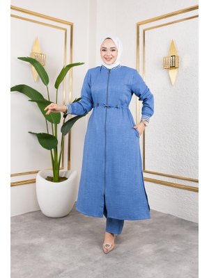 Ribanalı Fermuarlı Mavi Keten İkili Takım Ribanalı Fermuarlı Mavi Keten İkili Takım