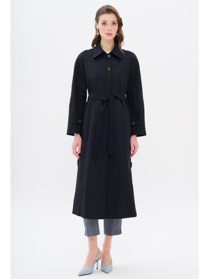 Siyah Gömlek Yaka Yandan Yırtmaçlı Astarlı Su İtici Özellikli Uzun Trençkot