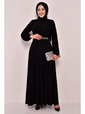 Giyim Moda Kemeri Taşlı Abiye Elbise Siyah