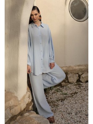 Mavi Beli Lastikli Müslin Pantolon