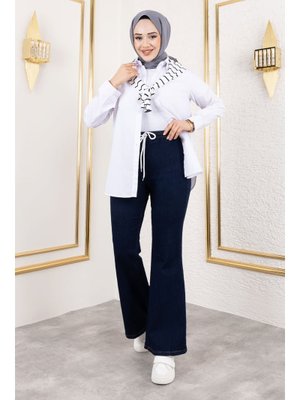 Koyu Mavi Beli İpli İspanyol Paça Kot Pantolon Koyu Mavi Beli İpli İspanyol Paça Kot Pantolon