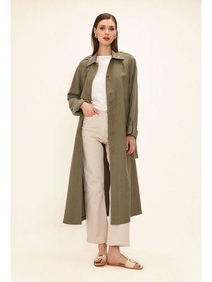 Haki Kontrast Dikiş Detaylı Astarsız Modal Trençkot