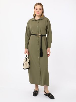 Haki Büyük Beden Boydan Düğmeli Kuşaklı Gömlek Elbise Haki Büyük Beden Boydan Düğmeli Kuşaklı Gömlek Elbise