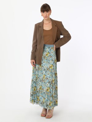 Mavi Desenli Piliseli Çiçek Baskılı Şifon Etek