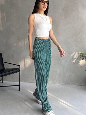 Yeşil Beyaz Çizgili Pantolon Beli Lastikli Bürümcük