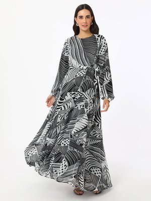 Baskılı Şifon Elbise Siyah