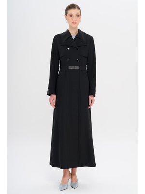 Siyah Mendil Yaka Taş Ve Boncuk Detaylı Astarlı Pardesü