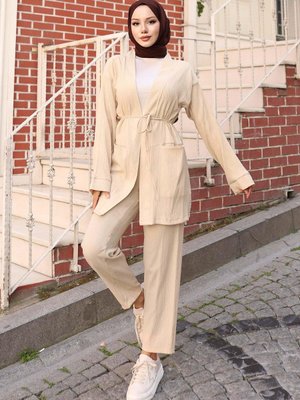 Bej Cep Detaylı Kimono Takım
