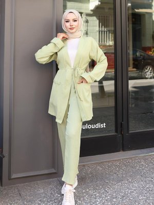 Mint Yeşil Cep Detaylı Kimono Takım