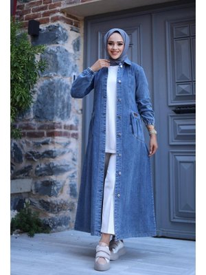 Düğmeli Cepli Kar Yıkamalı Denim Kot Kap Düğmeli Cepli Kar Yıkamalı Denim Kot Kap