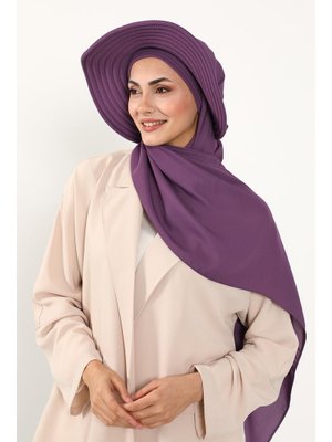Mor Çıkarılabilir Arkası Fiyonklu Şapkalı Pratik Krep Şal Türban,ss