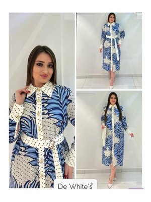 Büyük Beden Empirme Baskılı Gömlek Yaka Elbise Mavi