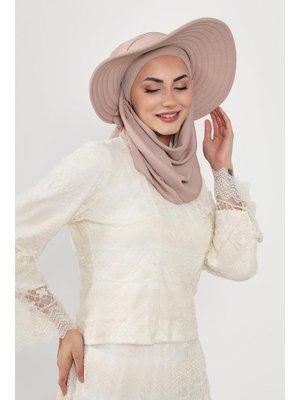 Açık Vizon Çıkarılabilir Arkası Fiyonklu Şapkalı Pratik Krep Şal Türban,ss