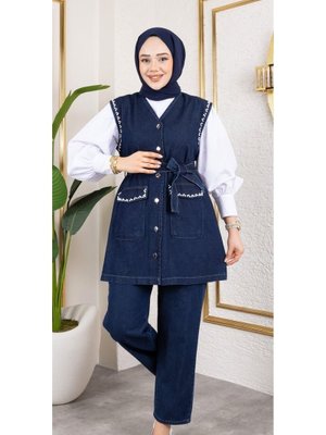 Pantolon 2li Takım Boncuk İşlemeli Kuşaklı Yelek