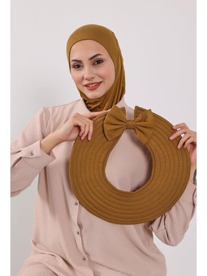 Koyu Hardal Türban Üzeri Penye Pratik Tak Çık Fiyonklu Şapka,sp 4,sp