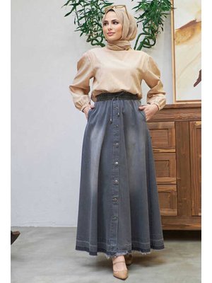 Koyu Gri Denim Mevlana Düğmeli Etek Koyu Gri Denim Mevlana Düğmeli Etek