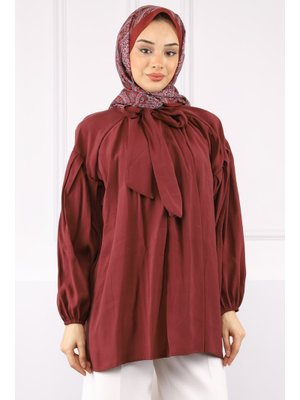 Bordo Yaka Detaylı Balon Kol Tunik Bordo Yaka Detaylı Balon Kol Tunik
