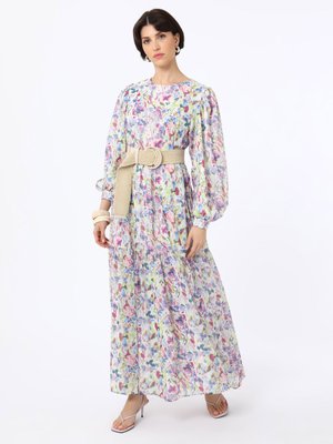 Sulu Boya Desenli Elbise Lila Çiçek Desen