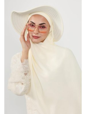 Krem Çıkarılabilir Arkası Fiyonklu Şapkalı Pratik Krep Şal Türban,ss