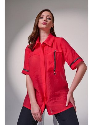 Kırmızı Büyük Beden Cebi Ve Kolları Taş Aksesuar Detaylı Kısa Kol Gömlek