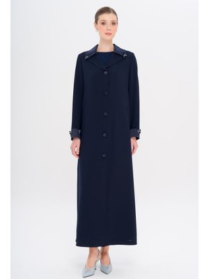 Lacivert Üst Yakası Saten Garnili Taş Aksesuarlı Astarlı Büyük Beden Pardesü