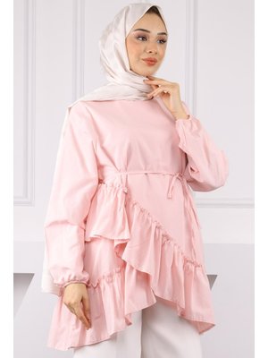 Pudra Eteği Katlı Fırfırlı Tunik