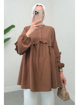 Kahverengi Fırfırlı Balon Kol Tunik