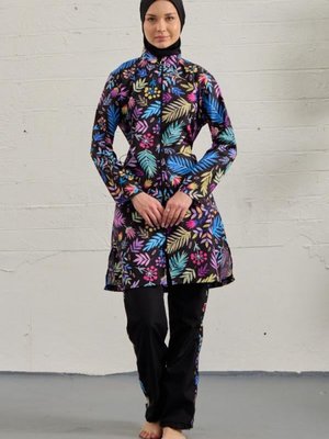 Siyah Tamamı Paraşüt Renkli Çiçekler Tam Kapalı Mayo