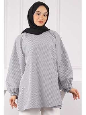 Füme Balon Kol Çizgili Tunik