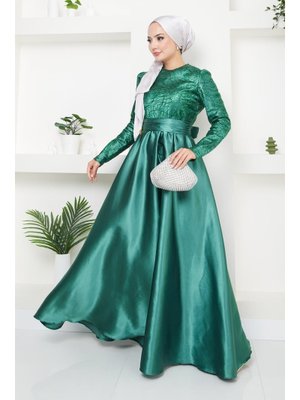 Giyim Moda Pul Kordoneli Saten Abiye Elbise Yeşil