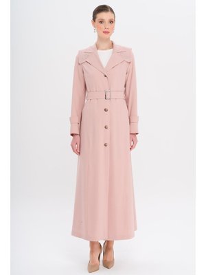 Pudra Pelerin Ve Kol Ağzı Taş Detaylı Astarlı Pardesü