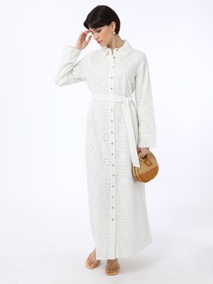 Ekru Brode Düğme Detaylı Elbise Ekru Brode Düğme Detaylı Elbise