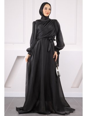 Siyah Balon Kol Önü Drapeli Şifon Abiye Siyah Balon Kol Önü Drapeli Şifon Abiye