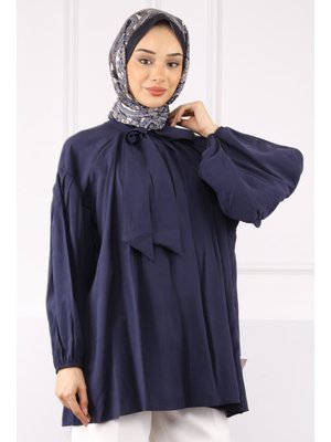 Lacivert Yaka Detaylı Balon Kol Tunik