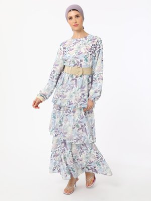 Lila Sulu Boya Desenli Şifon Elbise