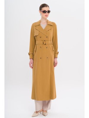 Taba Kruvaze Leopar Desen Astarlı Su İtici Özellikli Uzun Trençkot