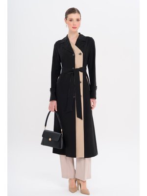 Siyah Garni Detaylı Kruvaze Astarsız Modal Trençkot