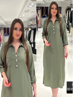 Büyük Beden Göğüs Kısmı Cepli Ve Aksesuar Detaylı Elbise Haki