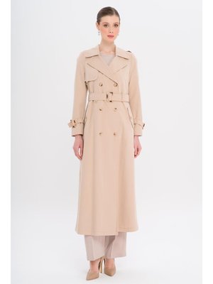 Bej Kruvaze Leopar Desen Astarlı Su İtici Özellikli Uzun Trençkot