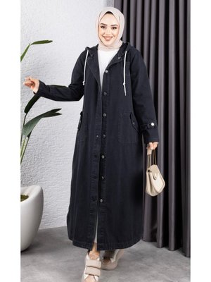Cepli Düğmeli Kapüşonlu Denim Kot Trençkot