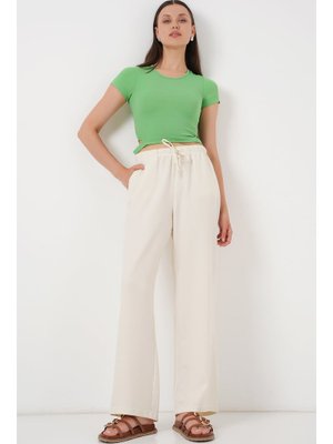 Ekru Geniş Paça Keten Pantolon Ekru Geniş Paça Keten Pantolon