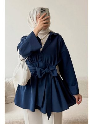 Lacivert Kimono Kol Fiyonklu Tunik