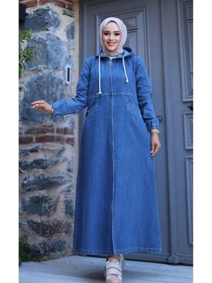 Fermuarlı Cepli Kapüşonlu Denim Kot Kap