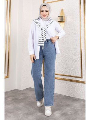 Açık Mavi Bol Paça Beli Lastikli Kot Pantolon Açık Mavi Bol Paça Beli Lastikli Kot Pantolon