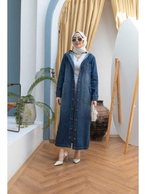 Koyu Mavi Taşlı Denim Kapüşonlu Kap Koyu Mavi Taşlı Denim Kapüşonlu Kap